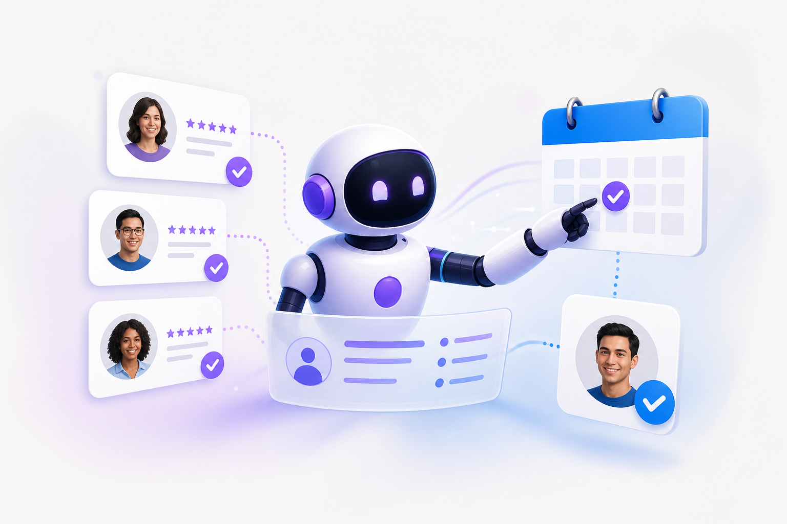 A recruiter reviewing an automated interview schedule on a laptop while an AI assistant handles candidate outreach in the