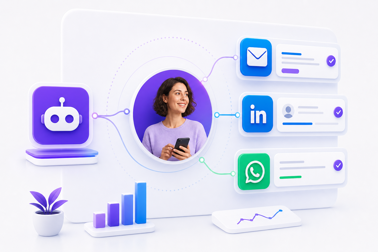 Recruteur consultant un tableau de bord multi-canal affichant des séquences email, LinkedIn et WhatsApp sur un écran