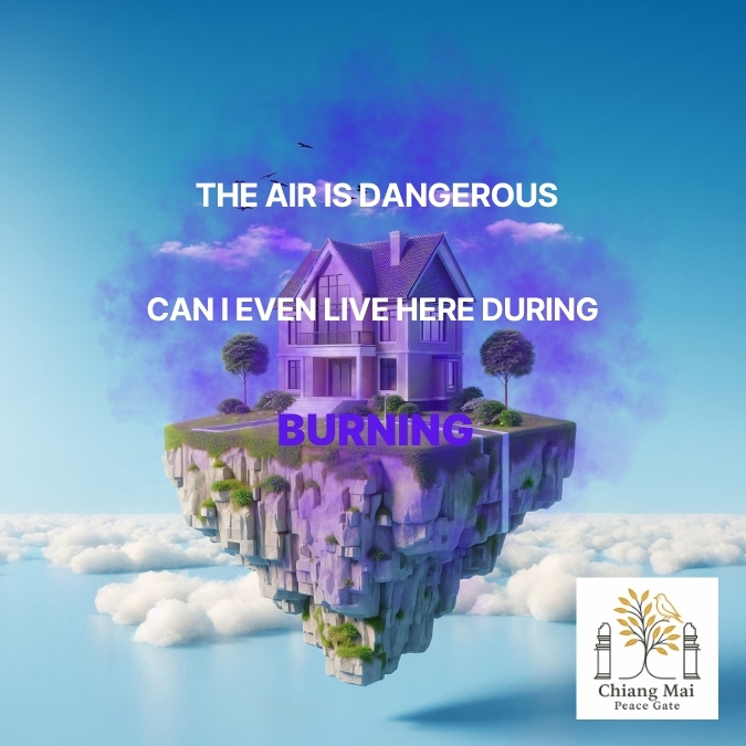 Floating island with a house and trees surrounded by purple smoke against a blue sky, with text about dangerous air and burning.
