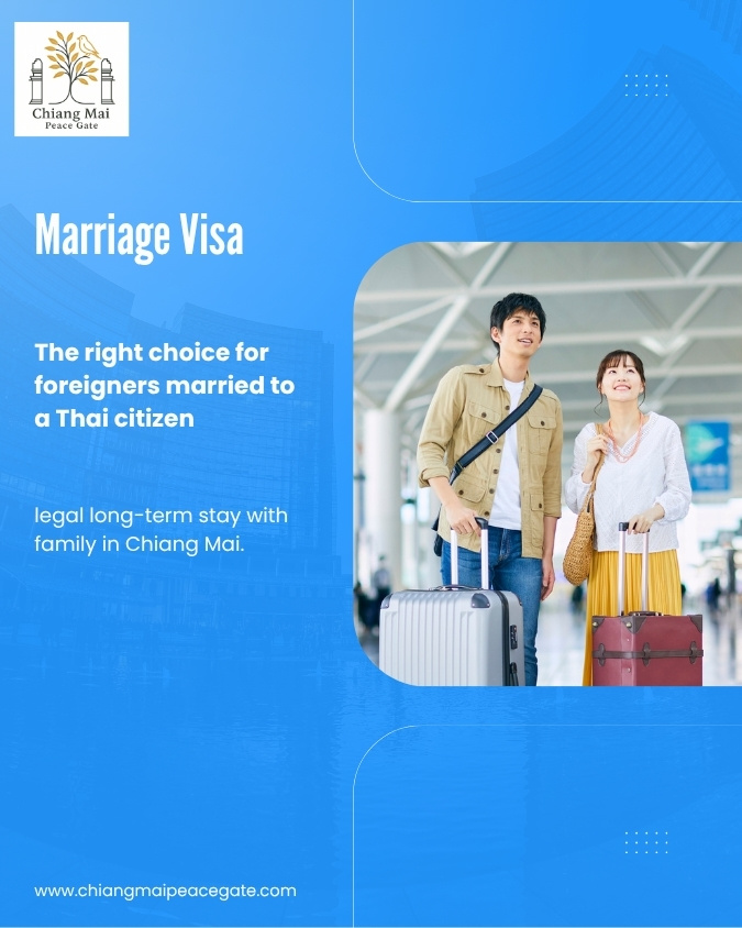 Young couple with luggage smiling inside an airport terminal, promoting marriage visa for foreigners married to Thai citizens.