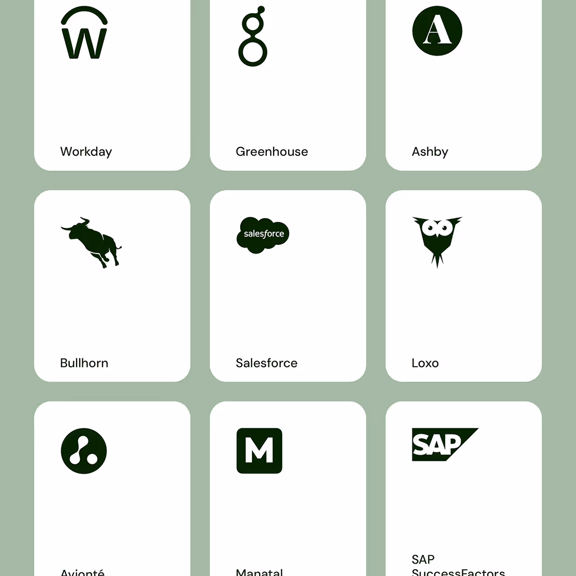 Grid of nine software logos including Workday, Greenhouse, Ashby, Bullhorn, Salesforce, Loxo, Avionté, Manatal, and SAP.