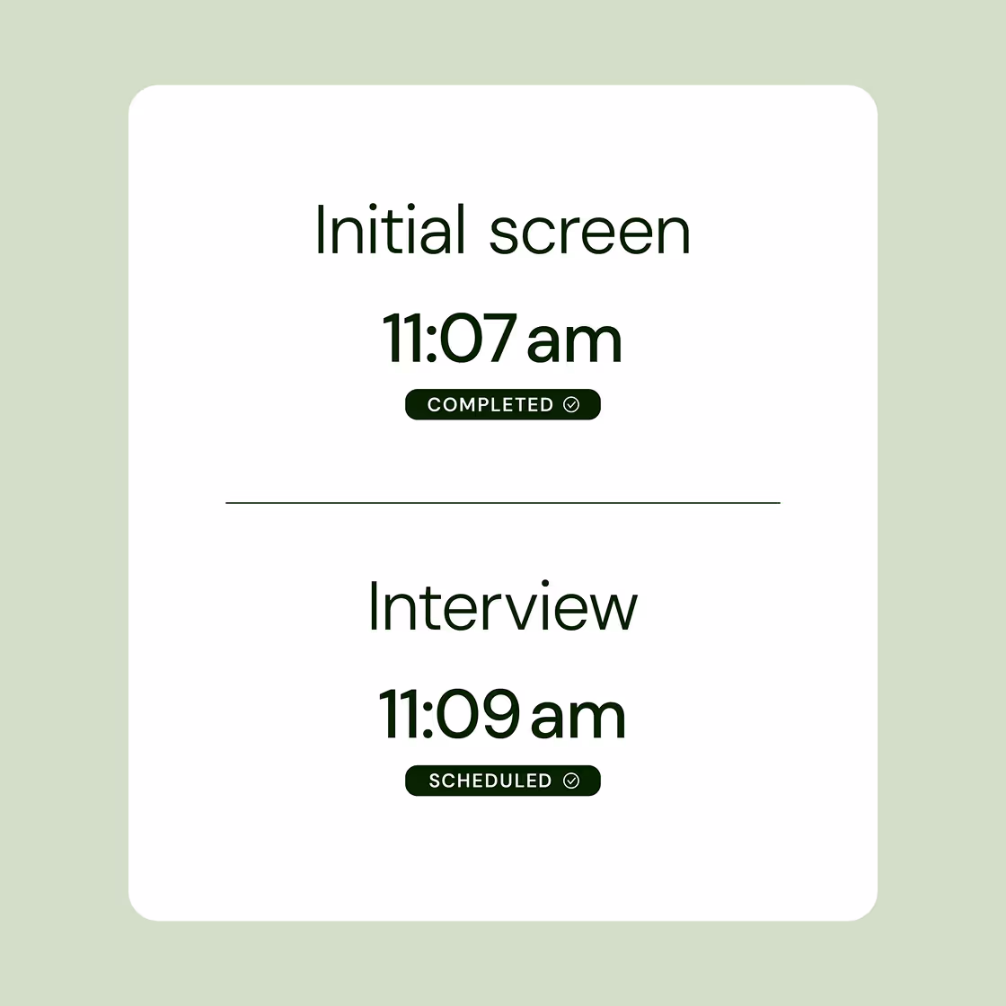Schedule showing 'Initial screen' completed at 11:07 am and 'Interview' scheduled at 11:09 am.