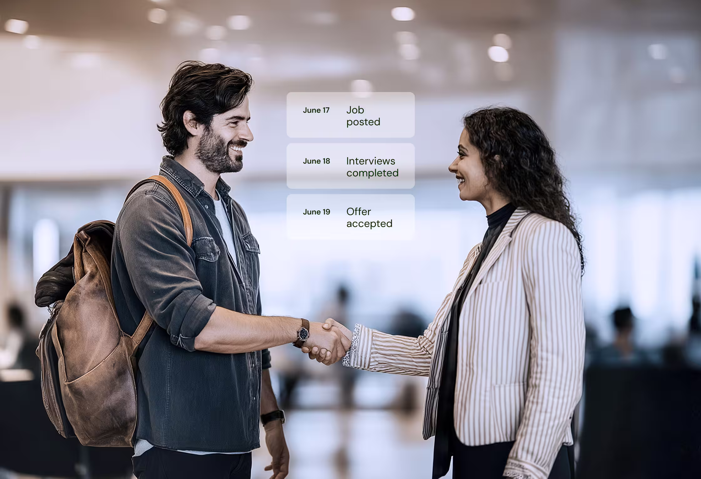 A man with a backpack and a woman in a striped blazer shaking hands in an office with text boxes showing dates and hiring steps: June 17 Job posted, June 18 Interviews completed, June 19 Offer accepted.