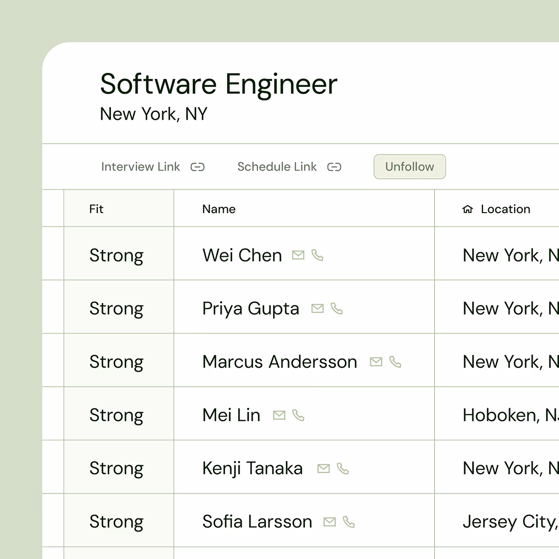 Job candidates for Software Engineer in New York, NY, listed with strong fit, names, contact icons, and locations.