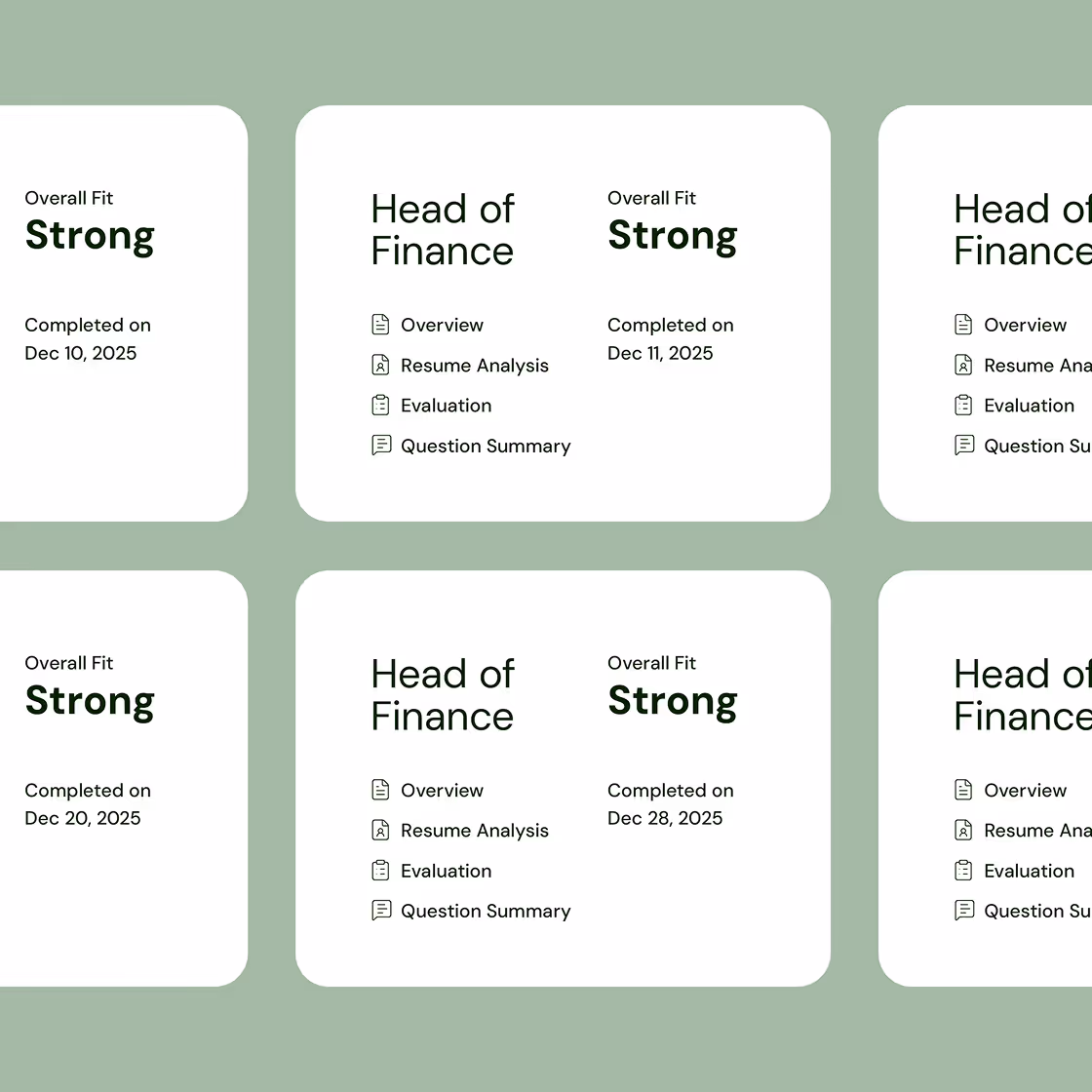 Grid of cards showing 'Head of Finance' role with overall fit marked as Strong and completed dates from Dec 10 to Dec 28, 2025, including sections for Overview, Resume Analysis, Evaluation, and Question Summary.