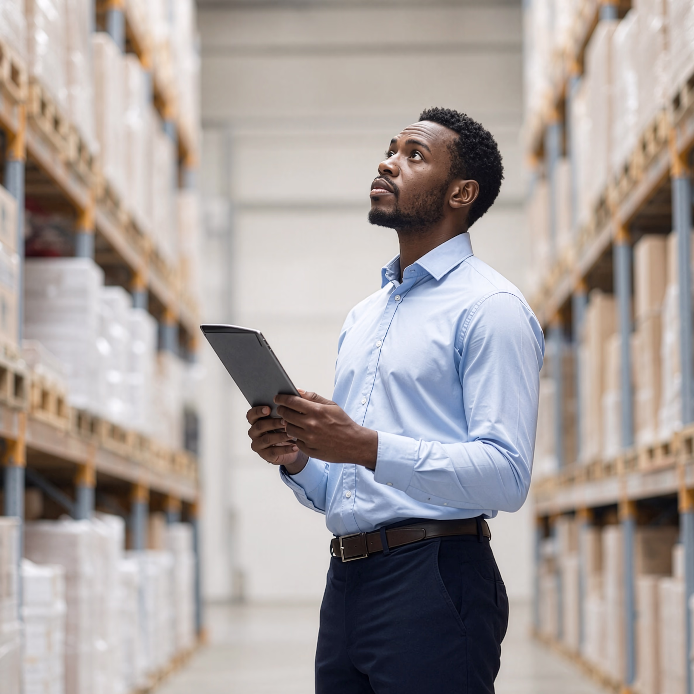 Manufacturing worker with clipboard in warehouse
