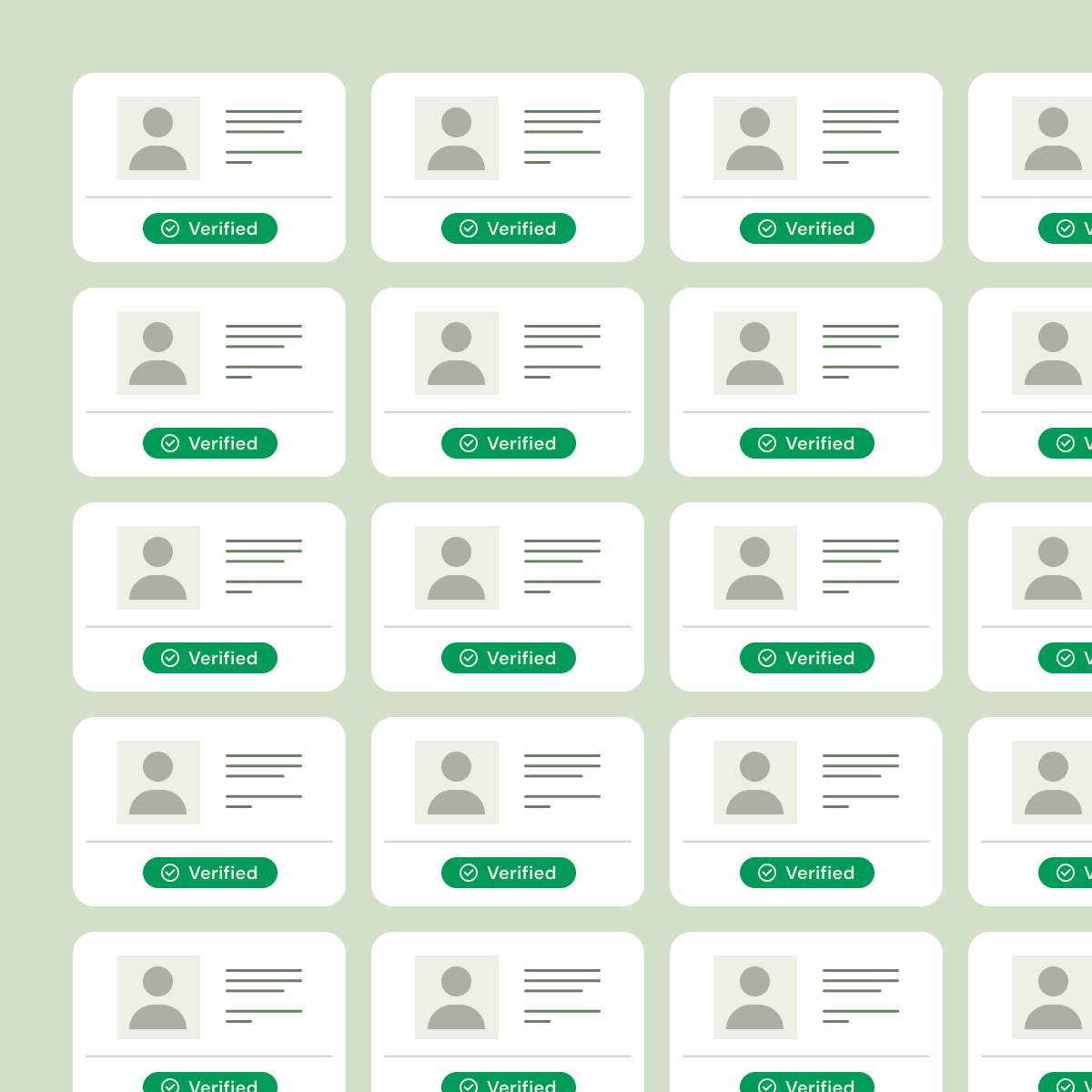 A wall of candidate records, each carrying a verified marker.