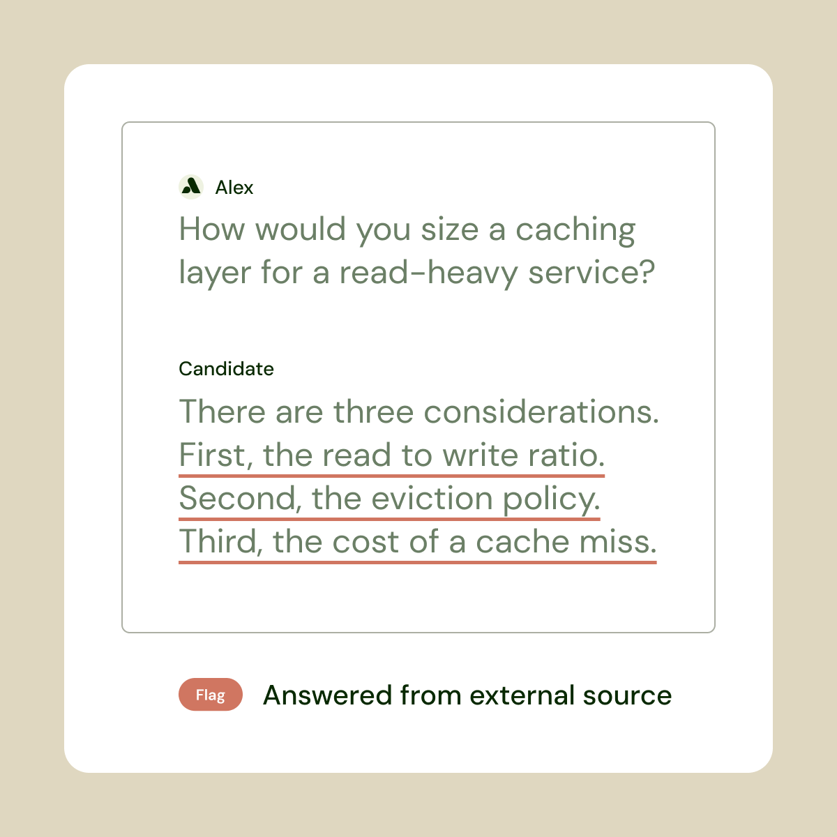 An interview transcript with a scripted-sounding answer underlined and flagged as answered from an external source.