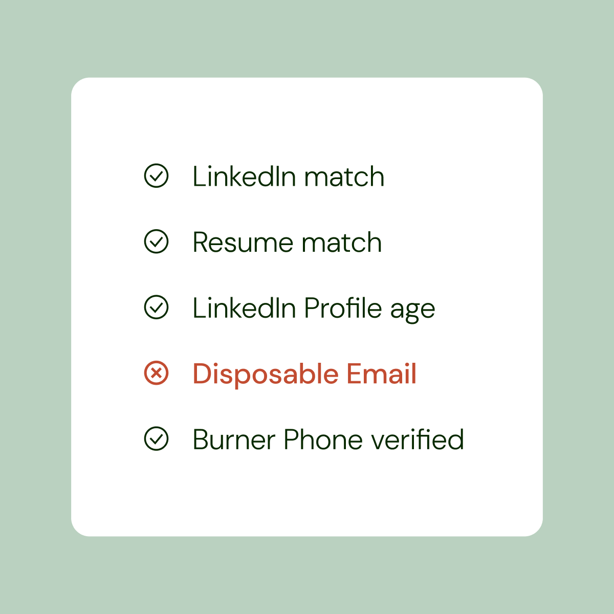 A checklist of five identity and profile checks with one, a disposable email, failing.