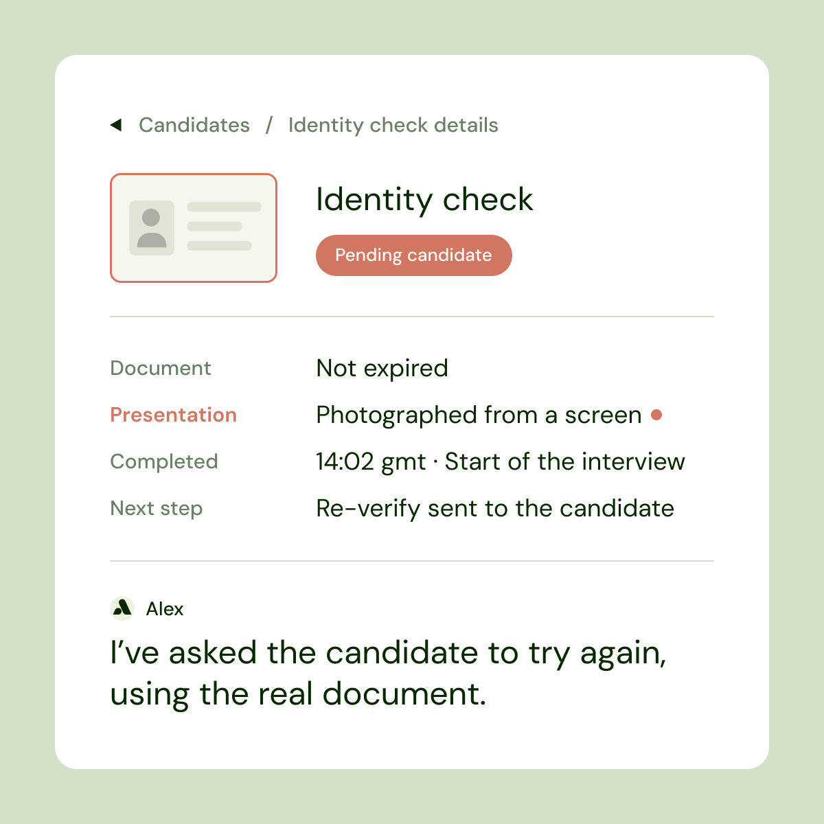 An identity check detail view showing a document photographed from a screen and a re-verification sent to the candidate.