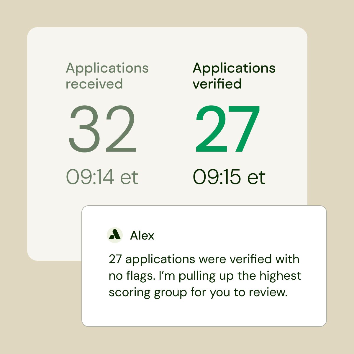 Thirty-two applications received and twenty-seven verified a minute later, with Alex reporting the result.