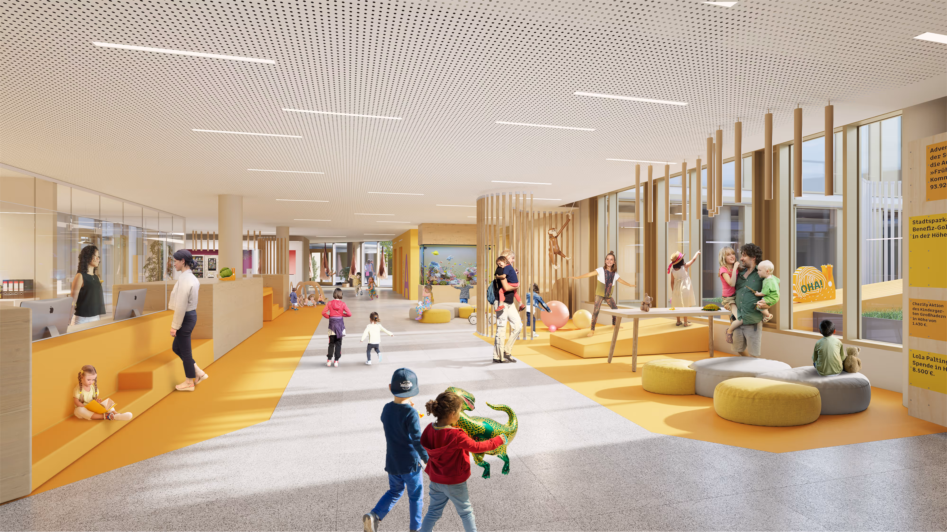 3D-Rendering einer Innenaufnahme des Klinikums mit spielenden Kindern und Eltern, helle Einrichtung, gelbe Möbel
