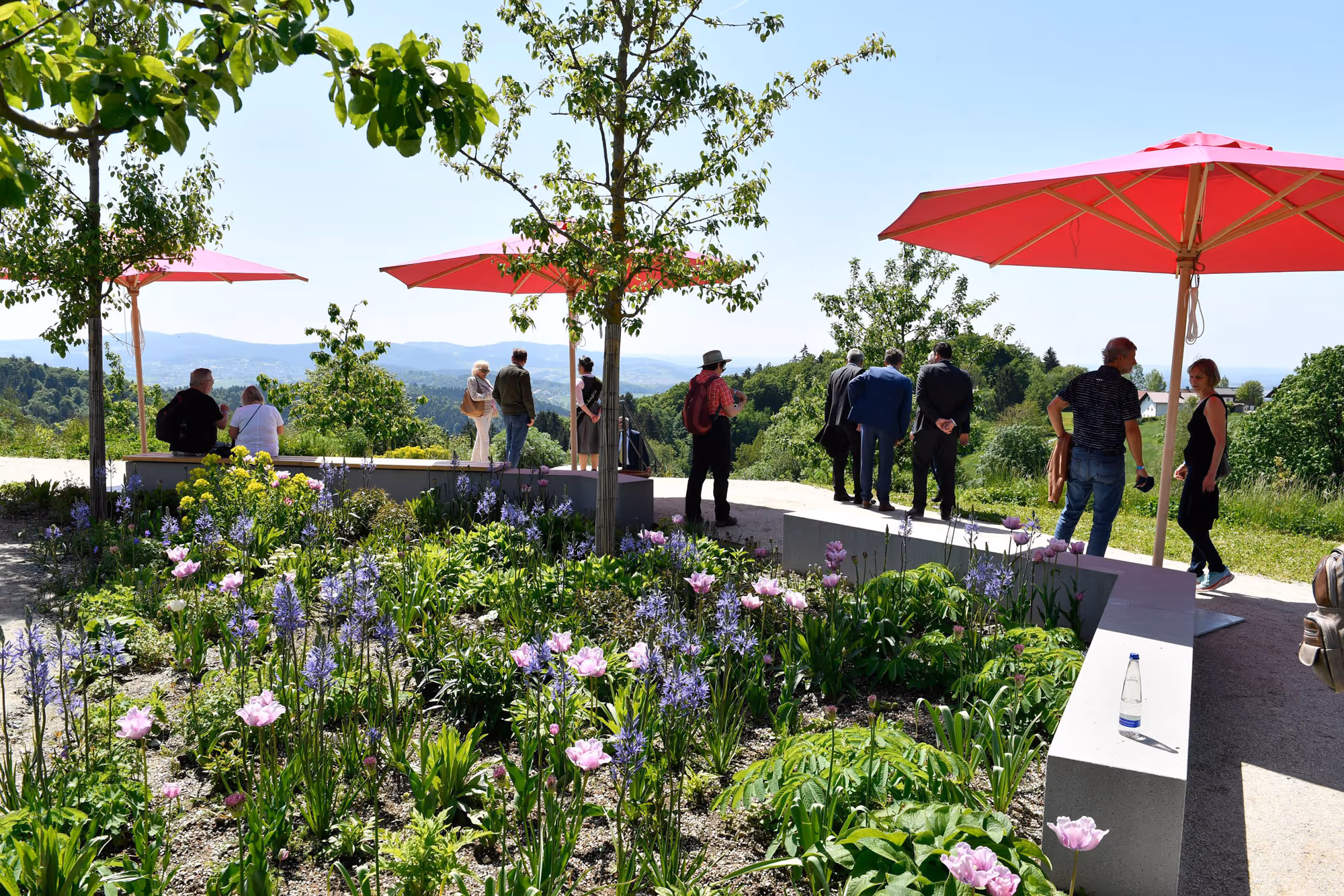 Besucher stehen und sitzen an einem Aussichtspunkt mit roten Sonnenschirmen und blühenden Pflanzen vor grünen Hügeln und klarem Himmel.