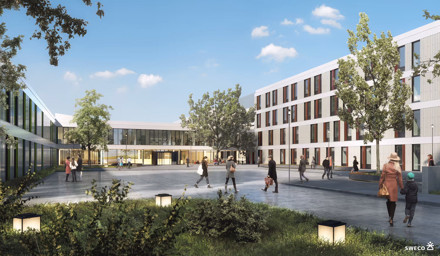 Moderner Innenhof mit Menschen, Bäumen und mehrstöckigen Bürogebäuden unter blauem Himmel.