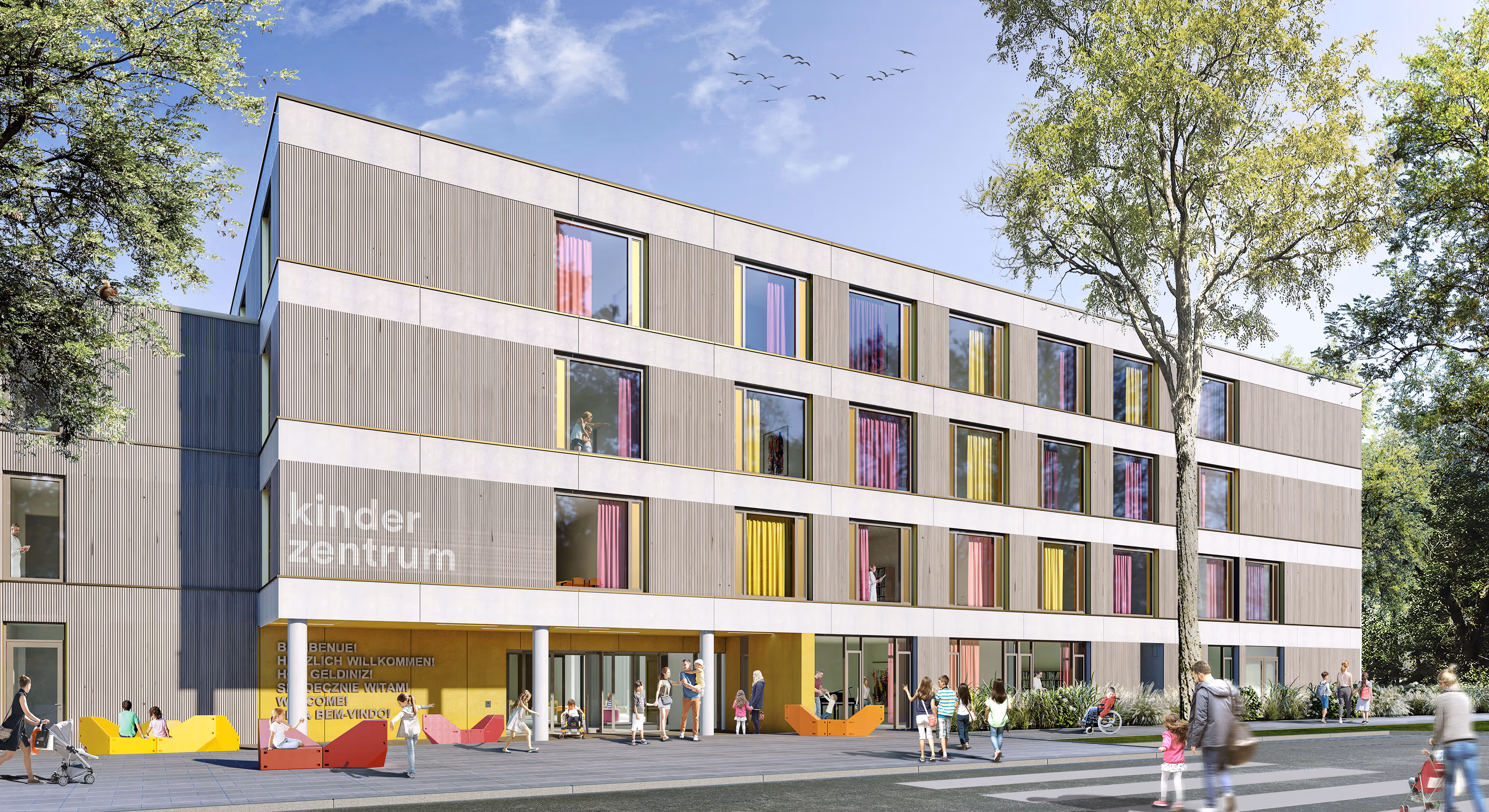 Modernes Kinderzentrum mit mehrstöckigem Gebäude, vielen bunten Fenstervorhängen und spielenden Kindern vor dem Eingang.