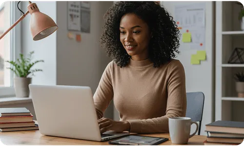 Woman working on laptop at desk with books and desk lamp