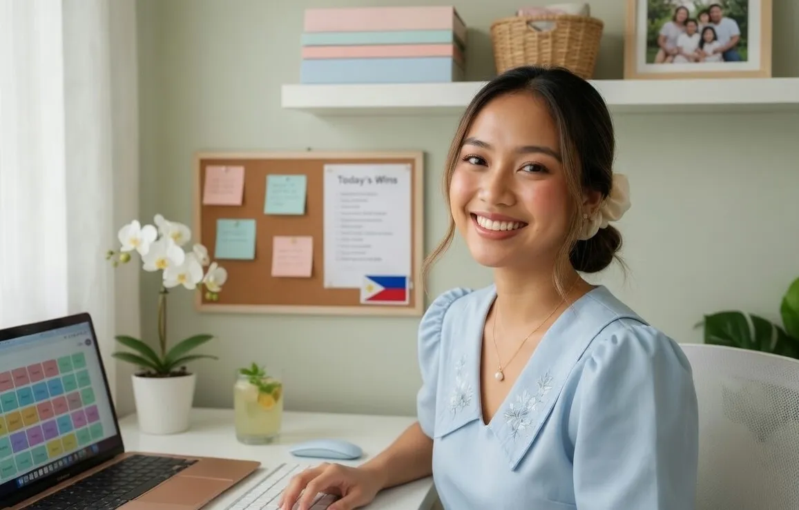 Smiling virtual assistant at a laptop in a bright home office, with a weekly task board on the wall behind her