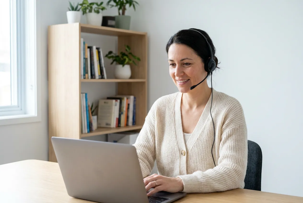 A Filipina virtual assistant wearing a headset on a video call in a bright private office