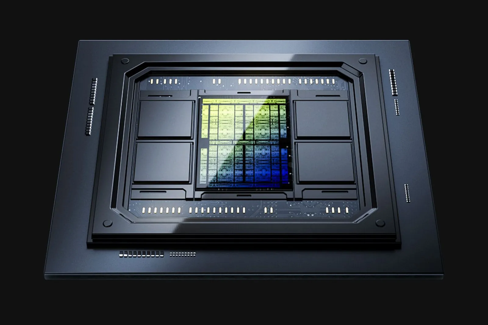 Perspective view of advanced Tensordyne AI microchip with illuminated core
