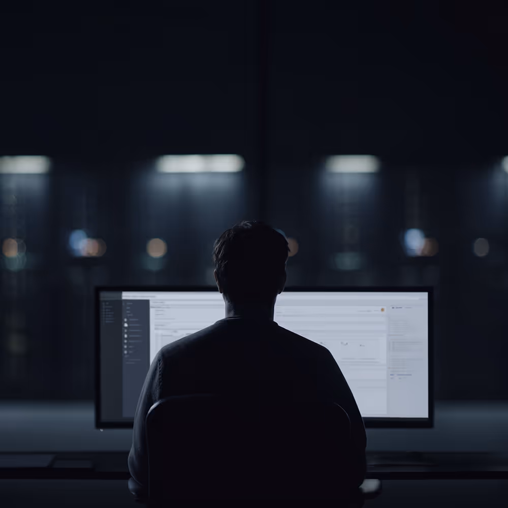 person sitting in front of a monitor displaying a dashboard with a datacenter in the background