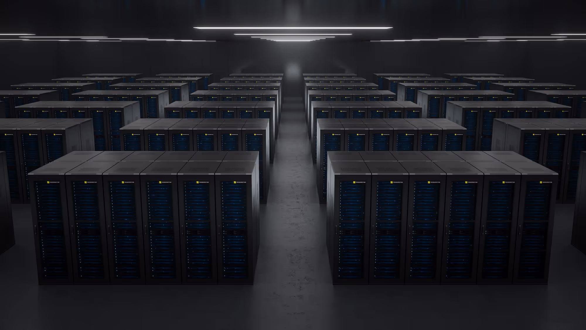 Top view of multiple Tensordyne cabinets arranged in datacenter blocks