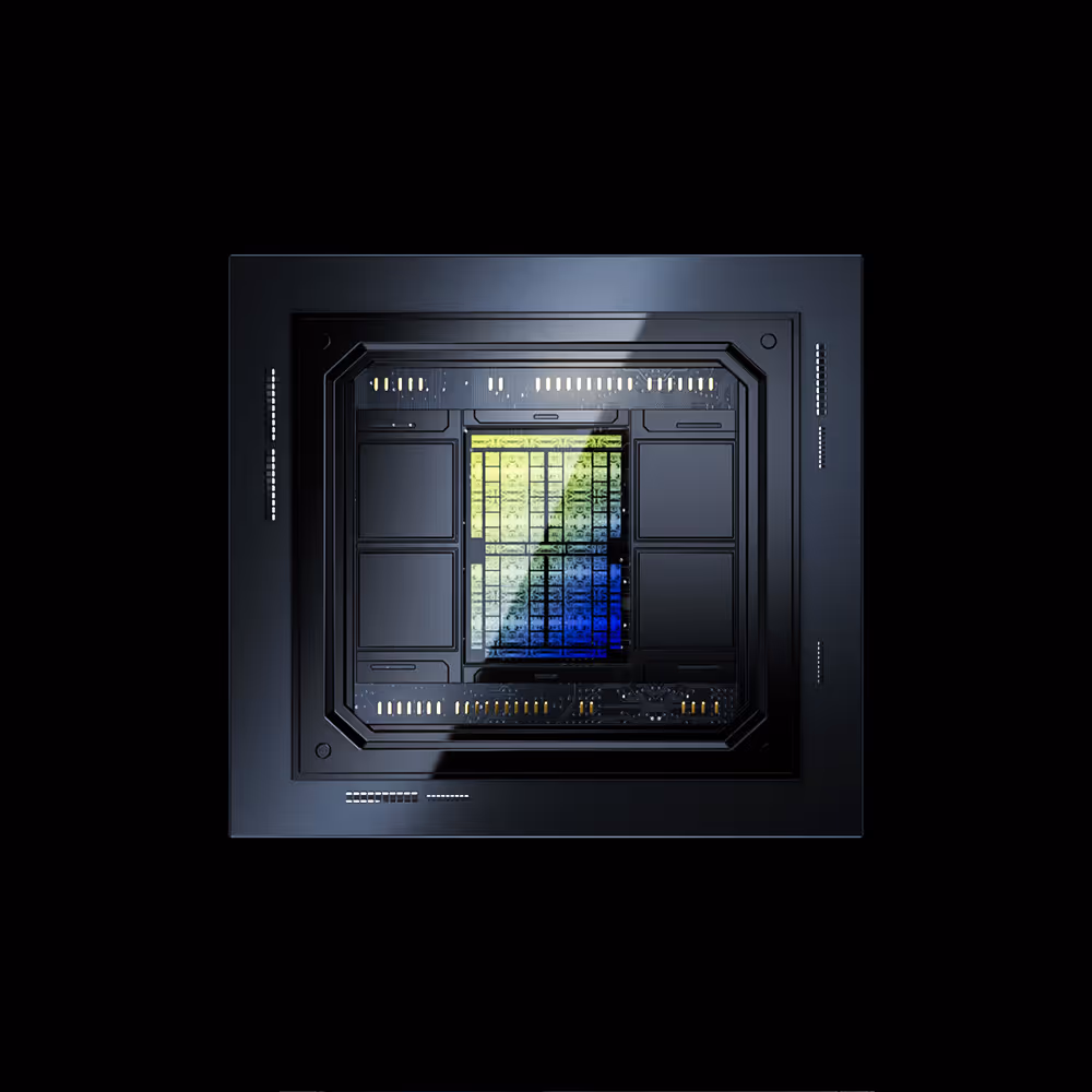 Frontal view of advanced Tensordyne AI microchip with illuminated core
