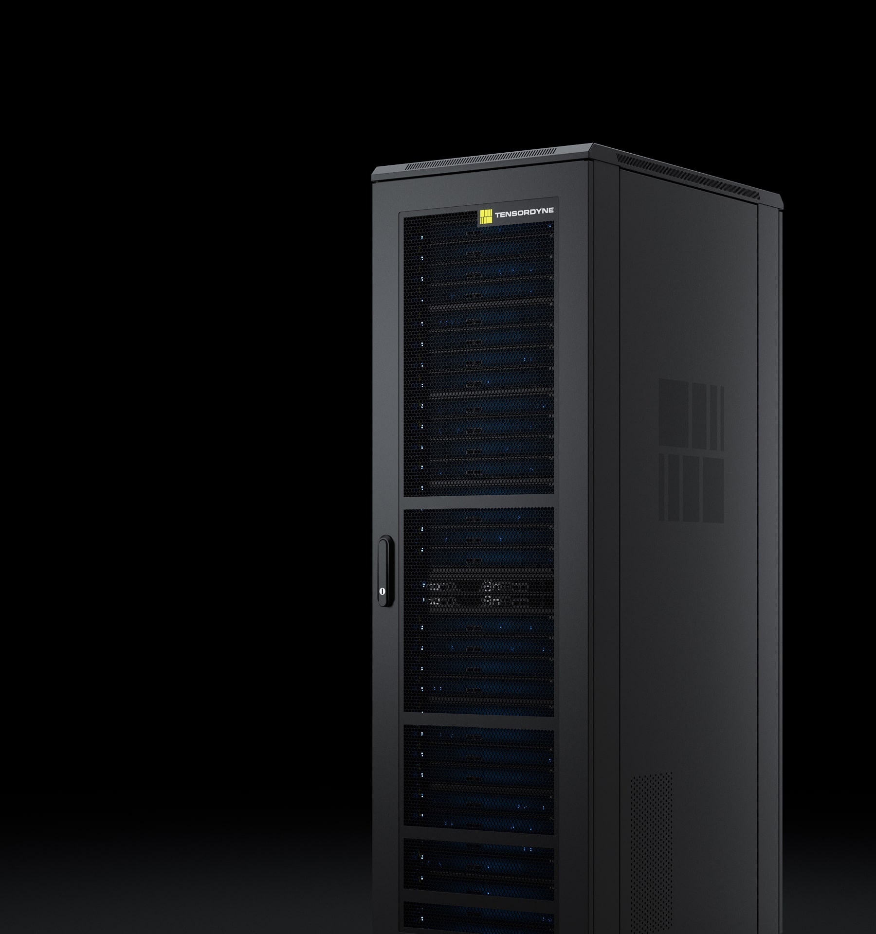 Tensordyne server cabinet with branding on black background
