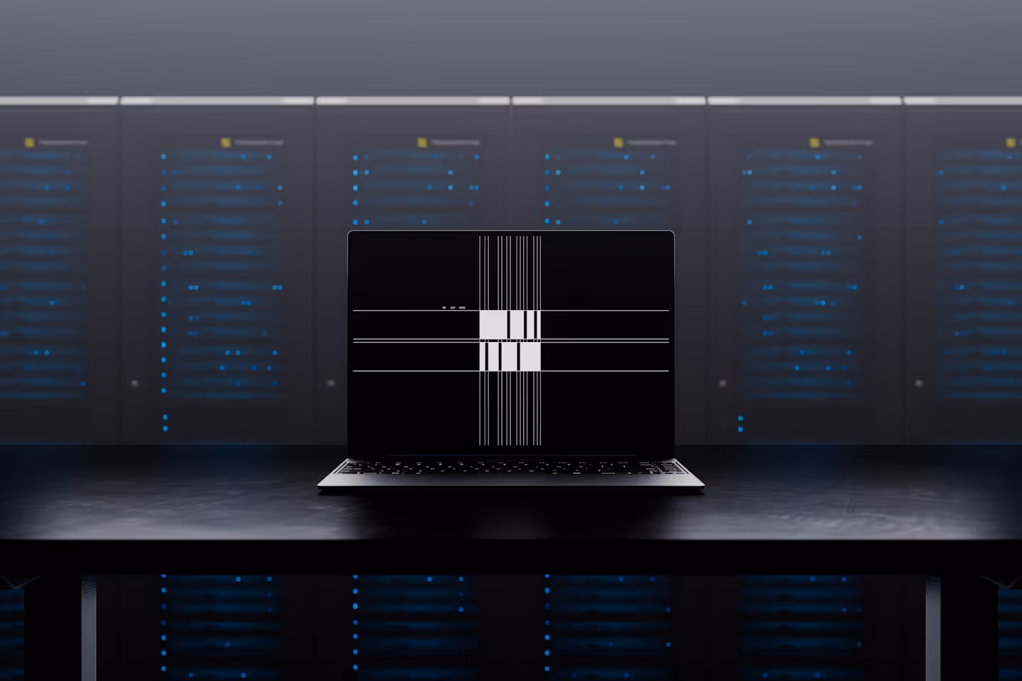 A laptop displaying the Tensordyne logo on a table, with a high-tech data center featuring Tensordyne server racks in the background.