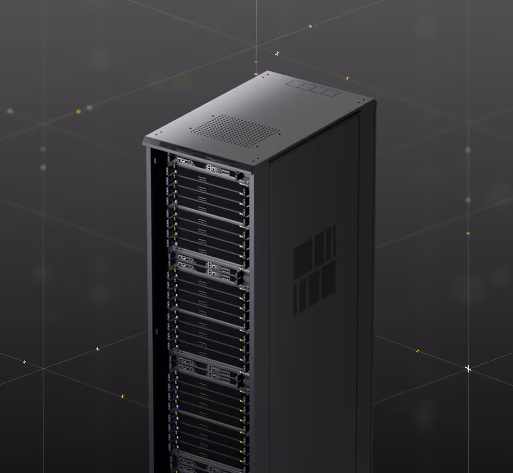 Tensordyne Rack - TDN Rack - Perspective view with its doors open, showcasing the internal hardware architecture.