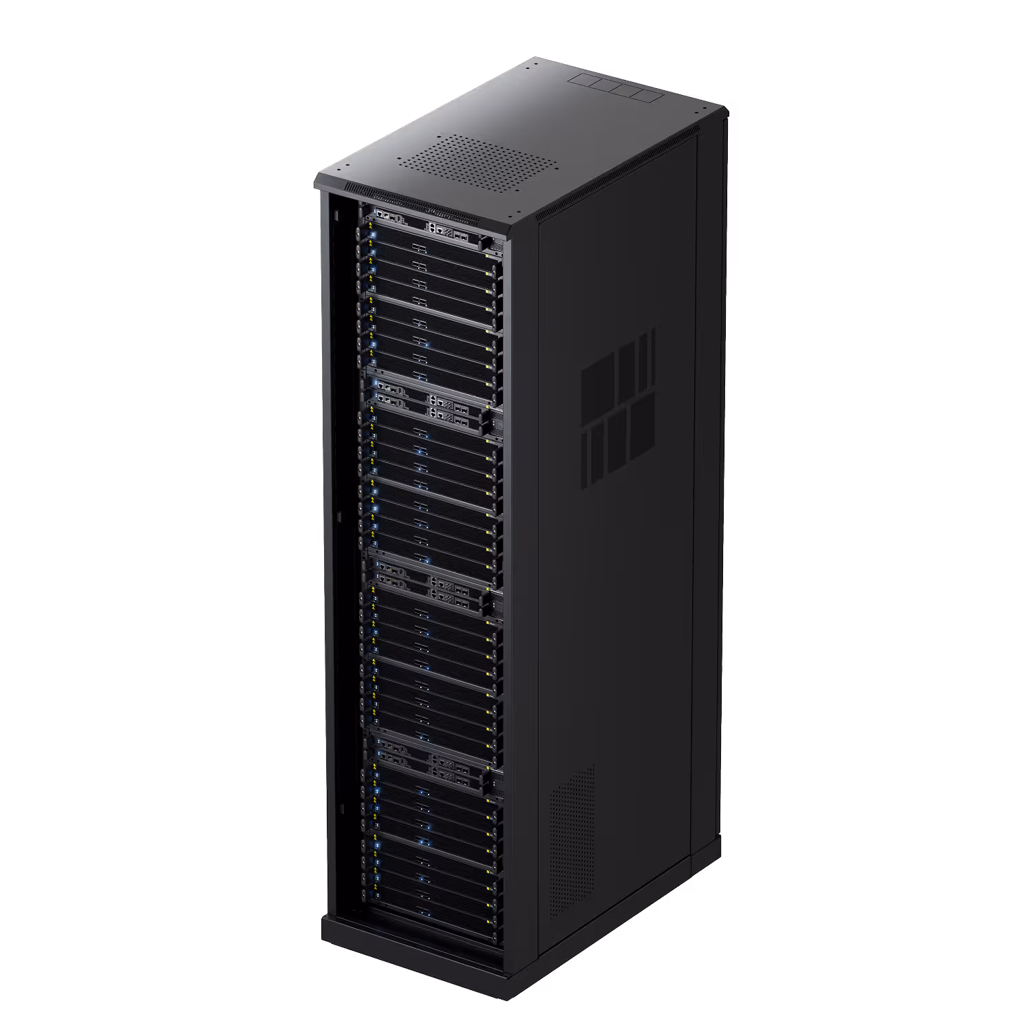 Tensordyne Rack - TDN Rack - Perspective view with its doors open, showcasing the internal hardware architecture.