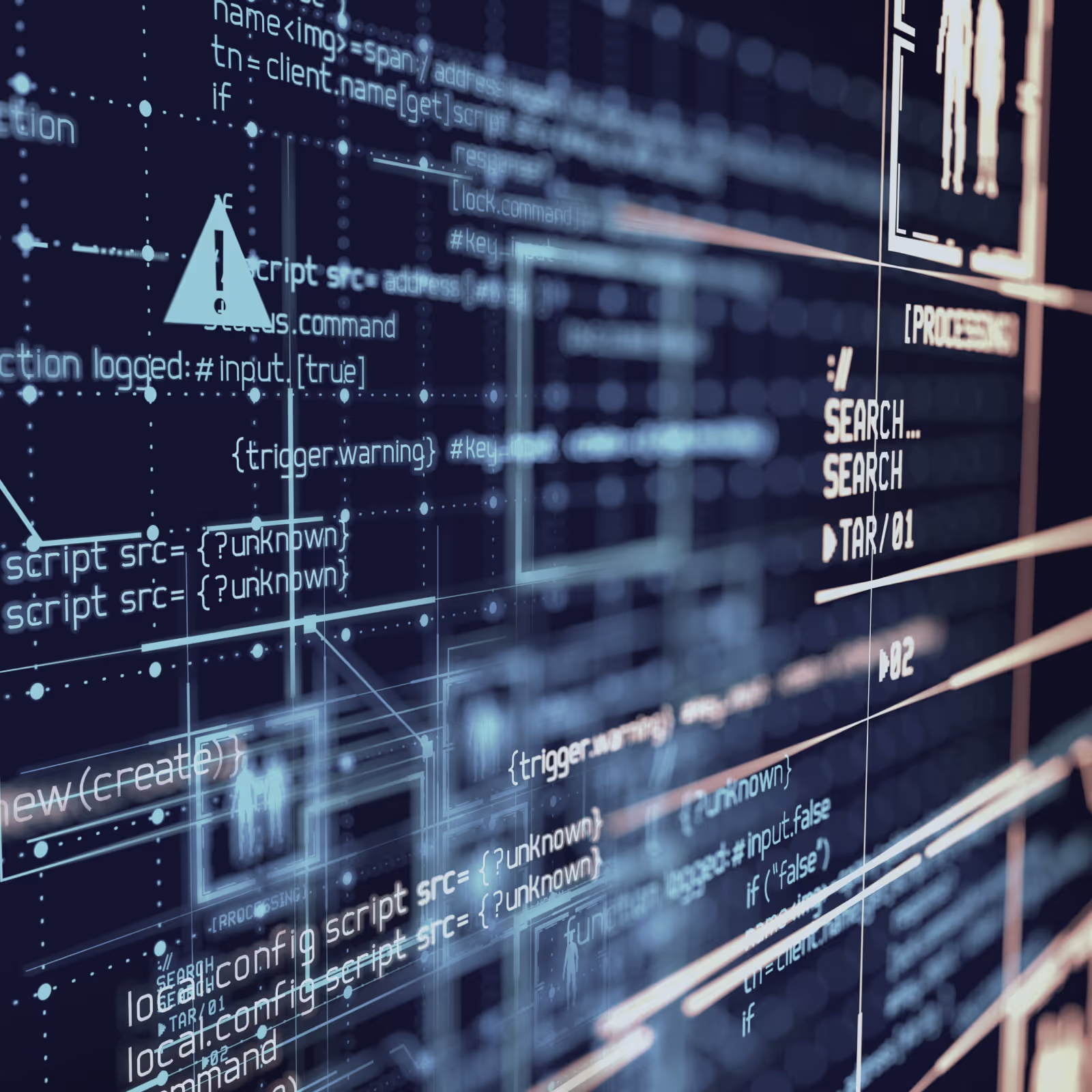 Digital interface with floating code lines and warning icons representing cybersecurity analysis.