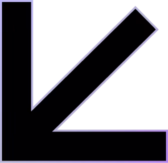 Black arrow pointing diagonally down and to the left with a right angle on a transparent background.