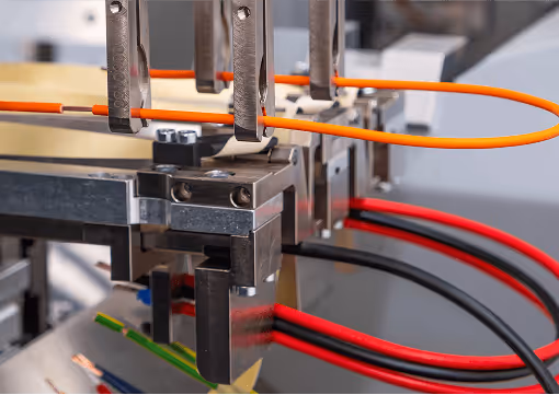 Industrielle Maschine verarbeitet bunte elektrische Kabel; Nahaufnahme von Metallklemmen und Verkabelung.