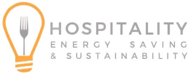 Logo with a lightbulb outline containing a fork inside, next to text reading 'Hospitality Energy Saving & Sustainability'.
