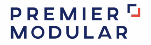 Premier Modular company logo with stylized corner design.