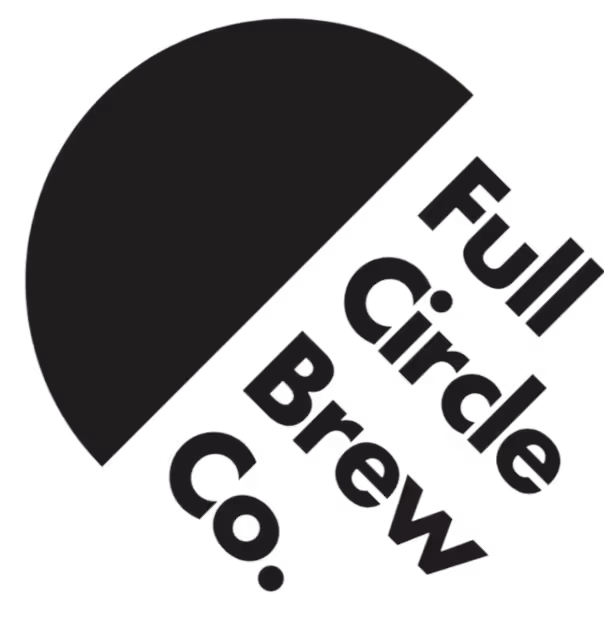 Logo with a solid black half circle and diagonal text reading Full Circle Brew Co.