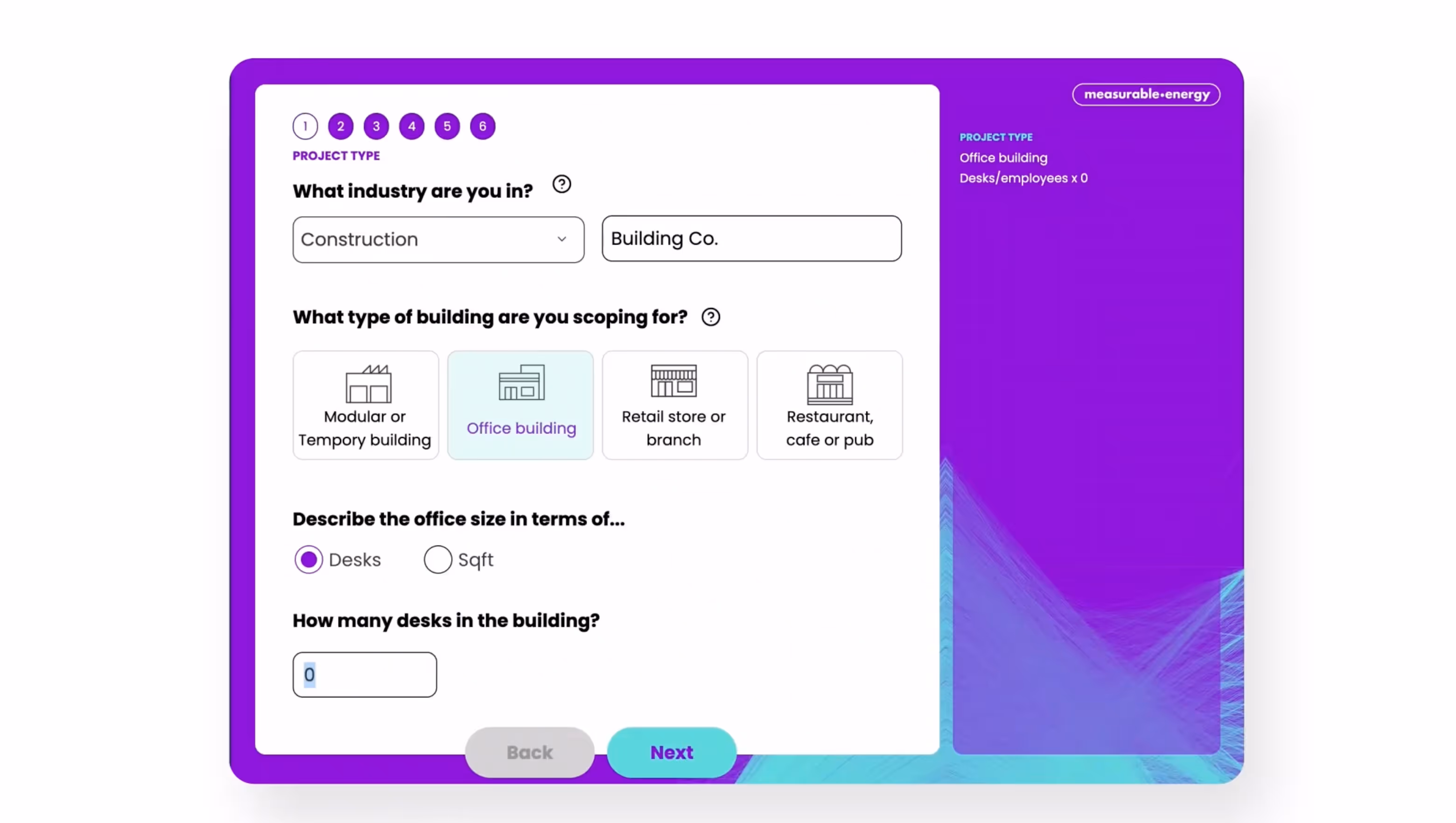 Form interface asking for industry type and building type, with Construction and Office building selected, describing office size by desks with zero entered.