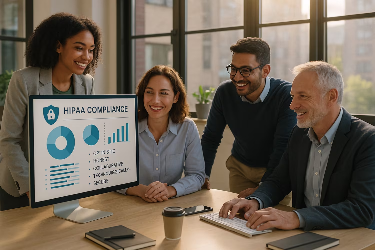 Diverse professionals discussing HIPAA security requirements