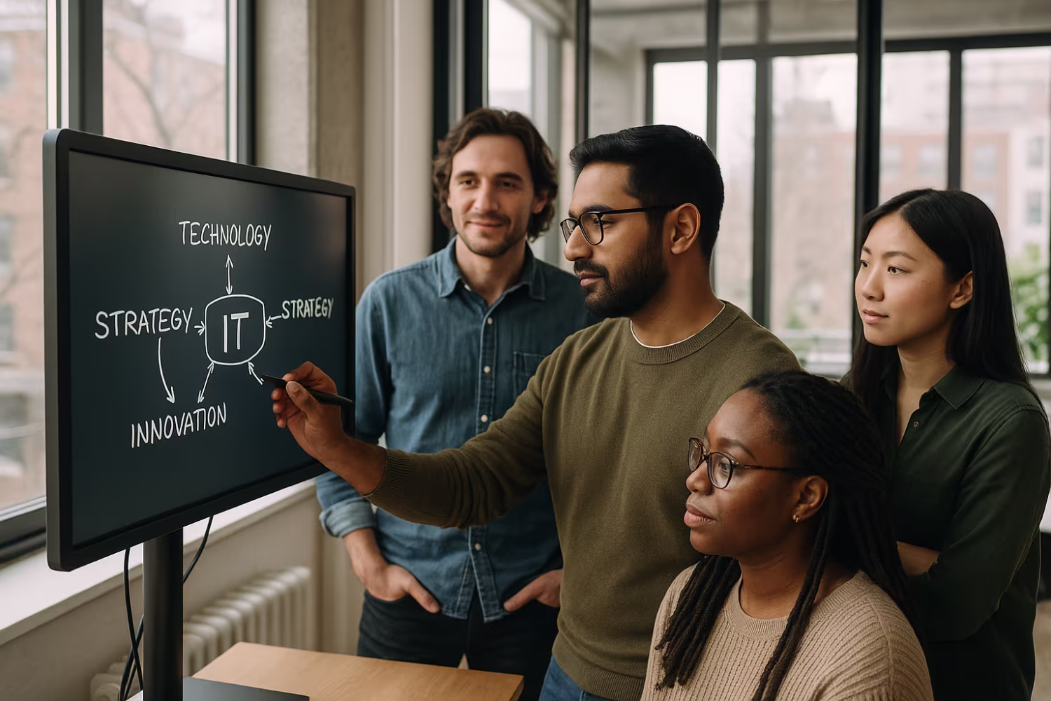 Diverse IT professionals brainstorming strategy