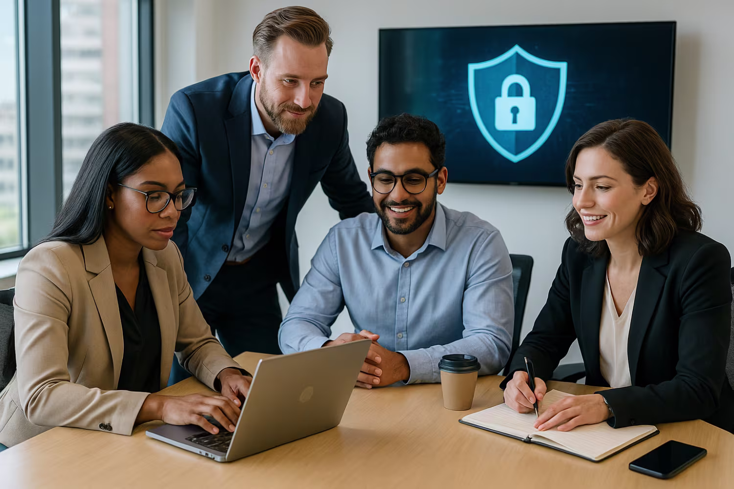 Diverse cybersecurity team collaborating midday