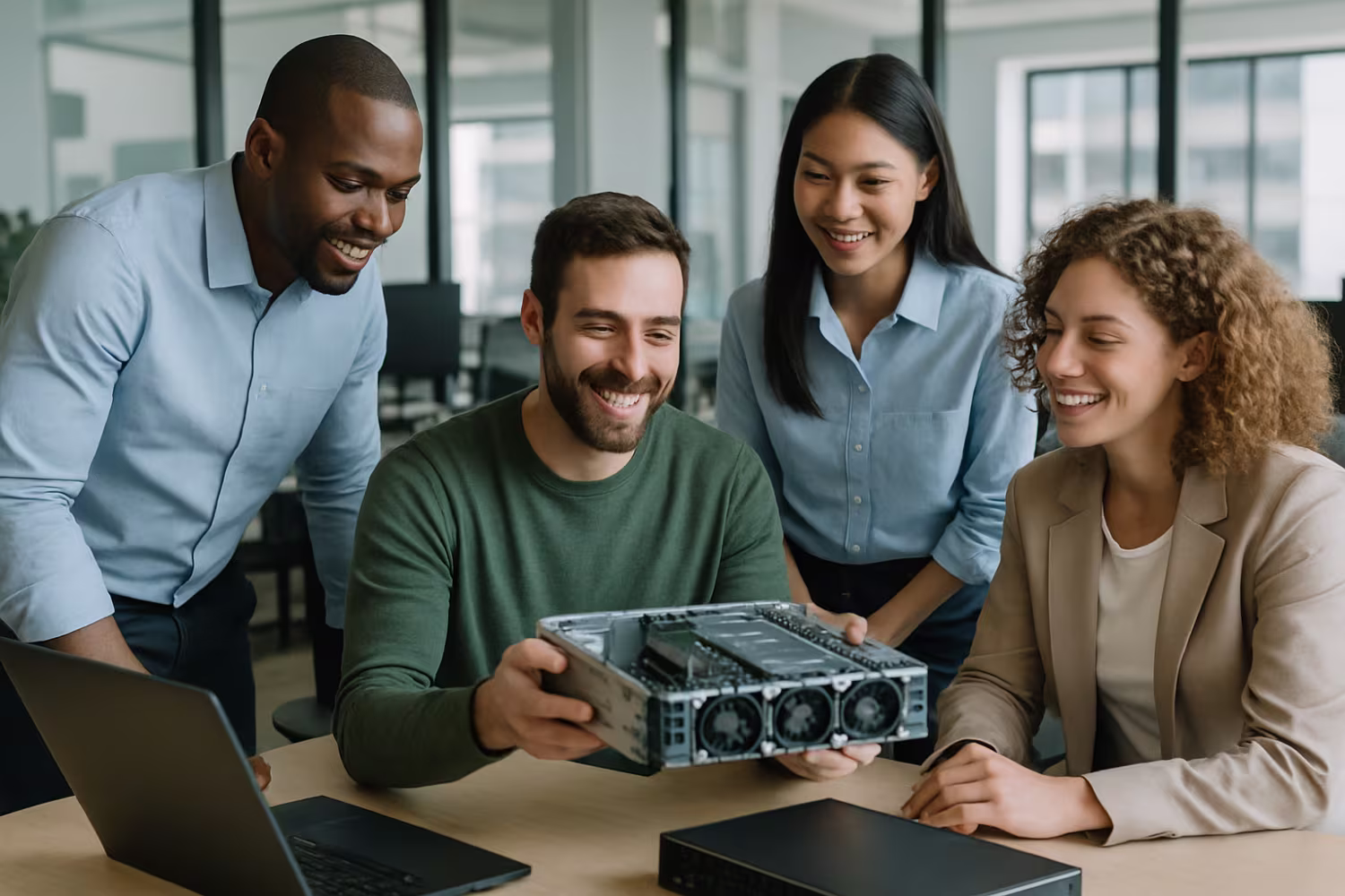 Diverse team discussing IT hardware procurement
