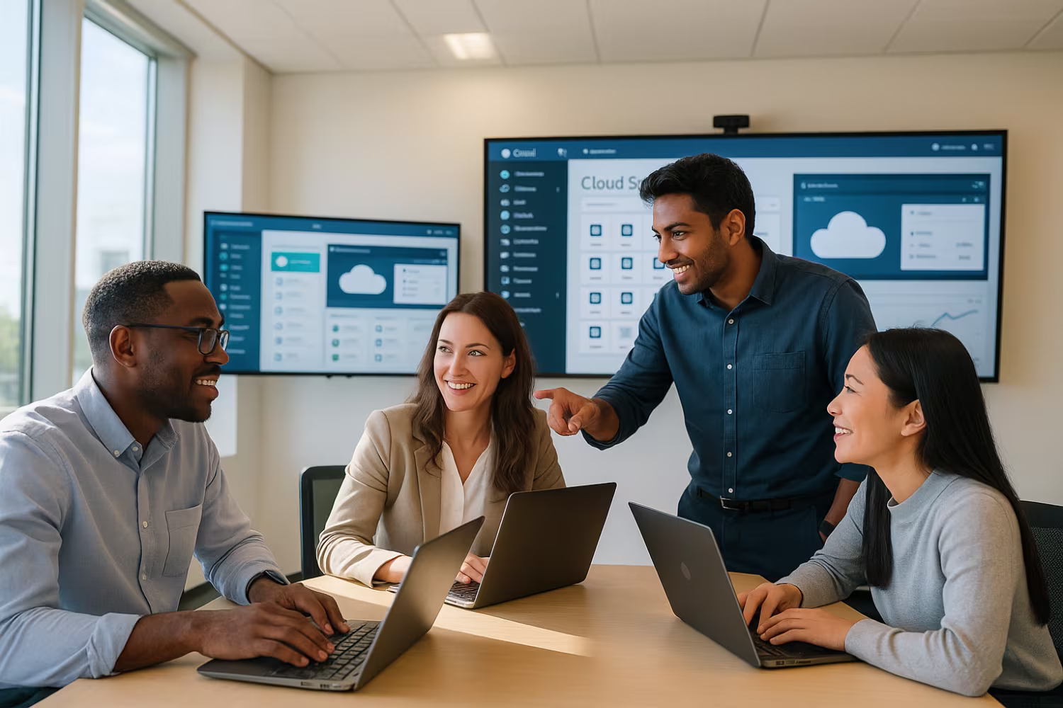 Diverse team discussing managed cloud security services