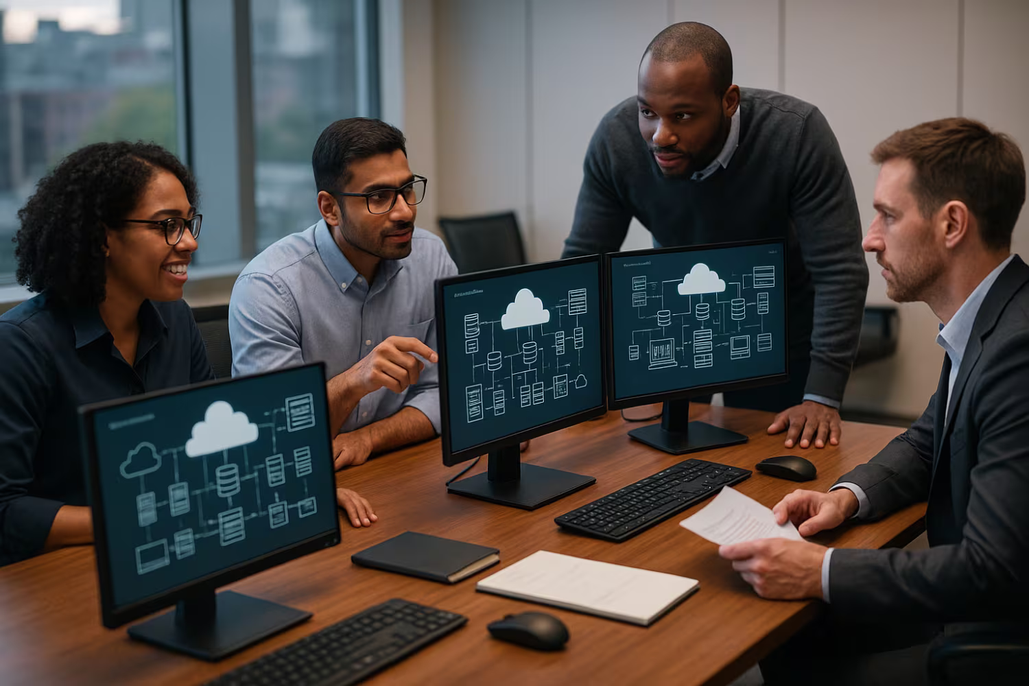 Diverse team discussing managed cloud security services