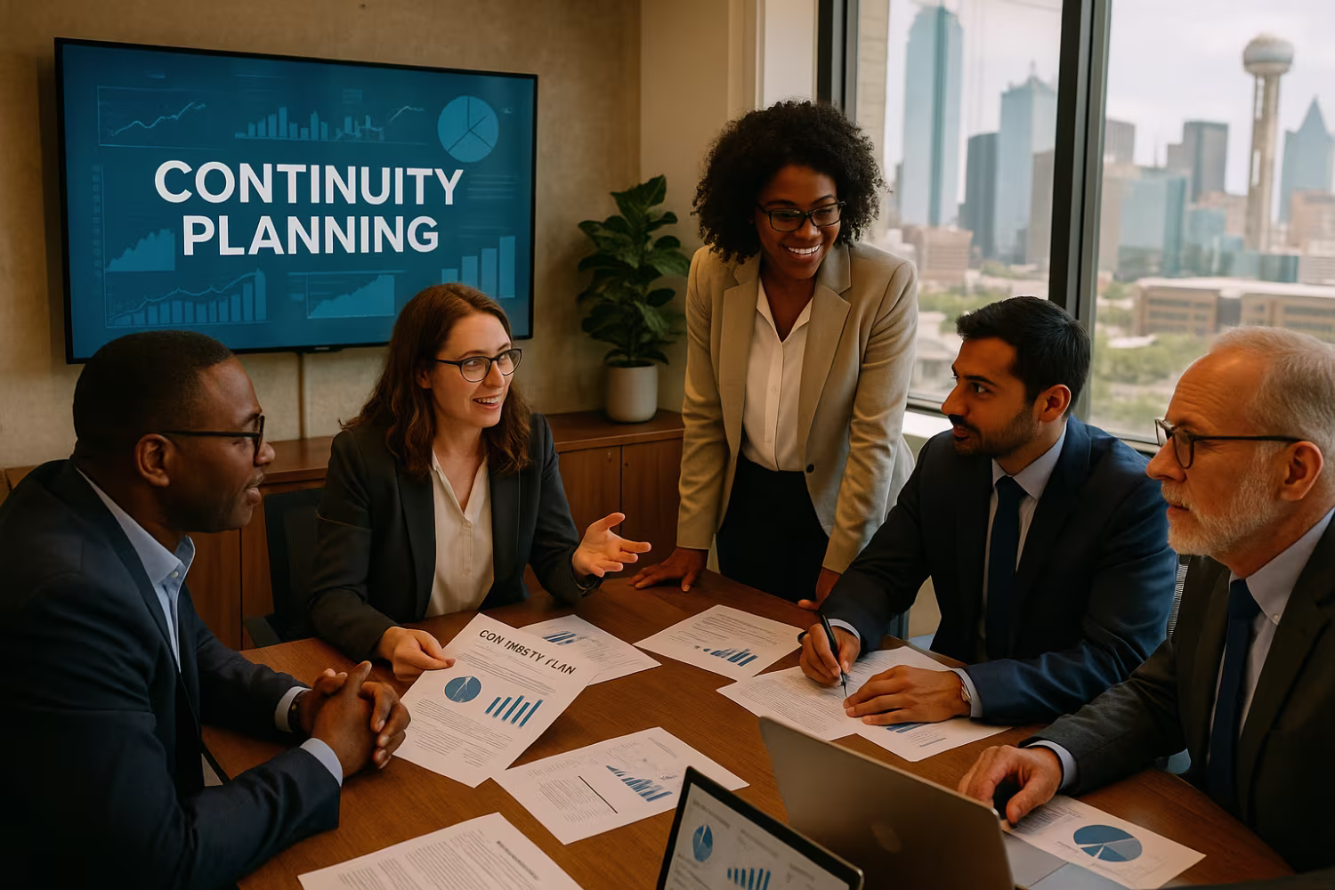 Diverse team discussing business continuity planning in Dallas