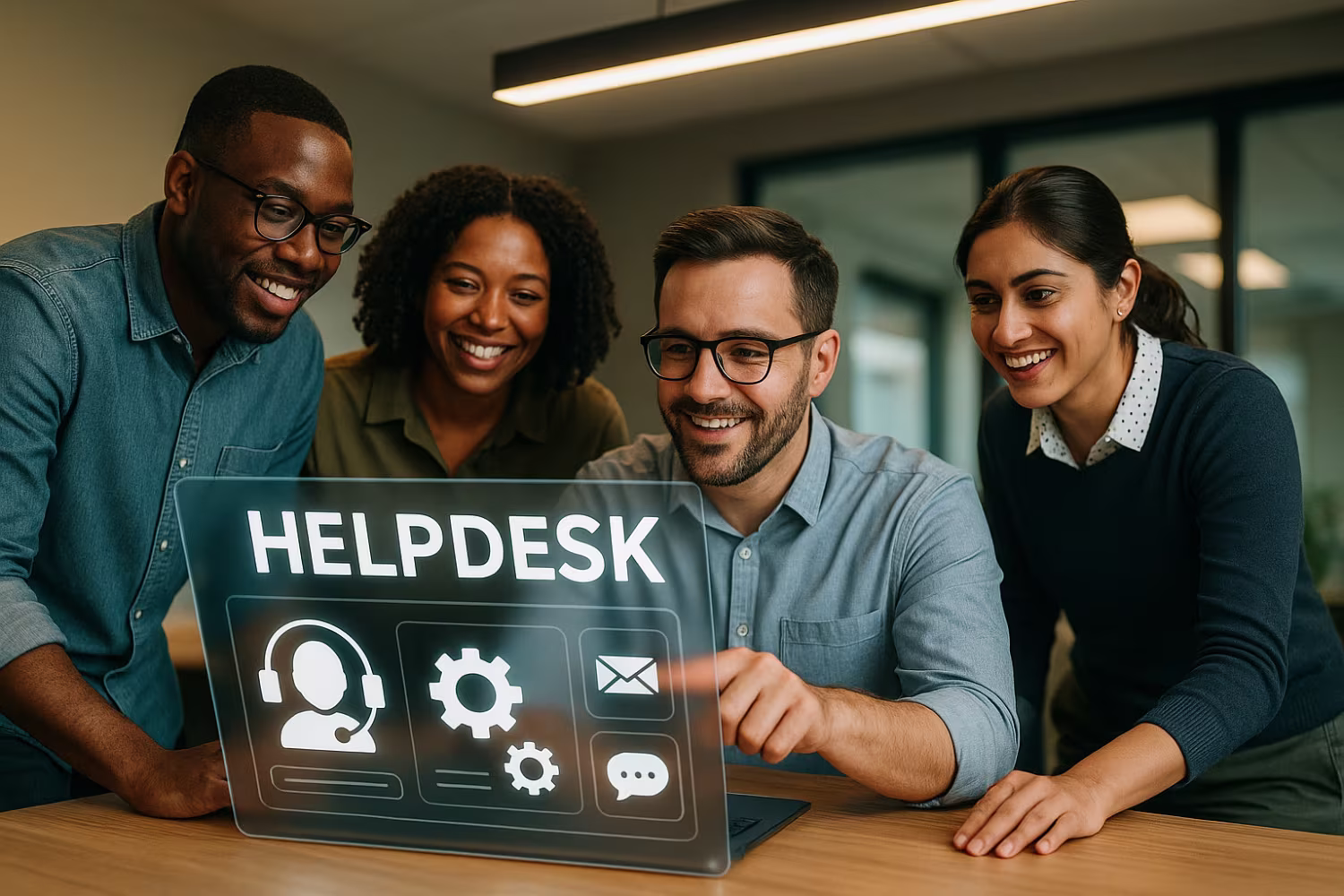 Diverse IT team collaborating on futuristic helpdesk