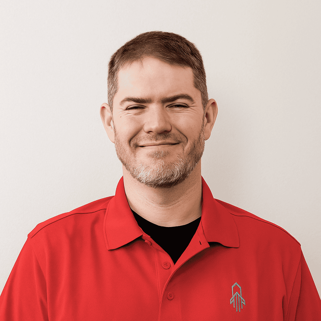 Red Team IT managed services team member smiling in branded red polo shirt
