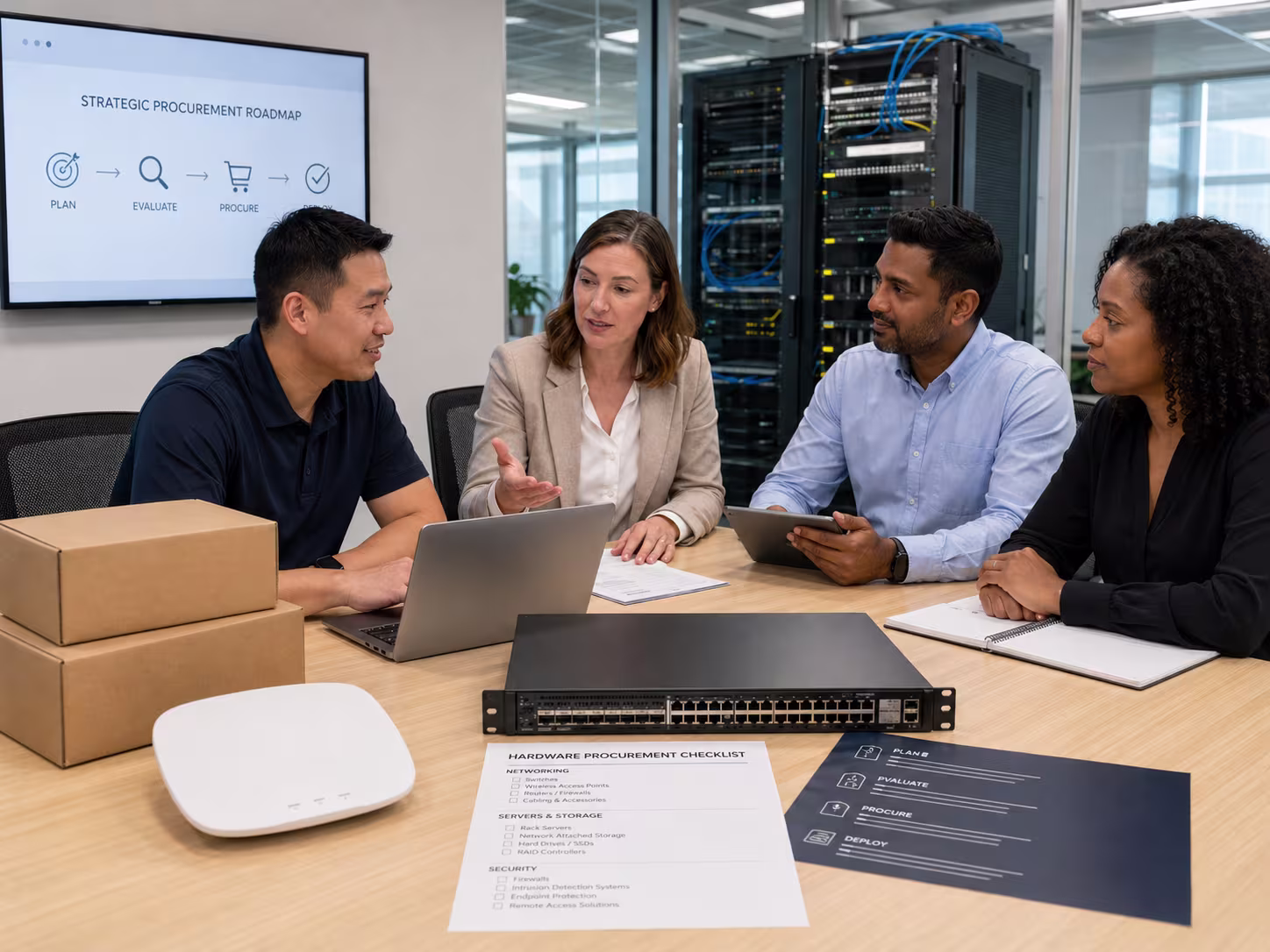 Diverse team discussing IT hardware procurement