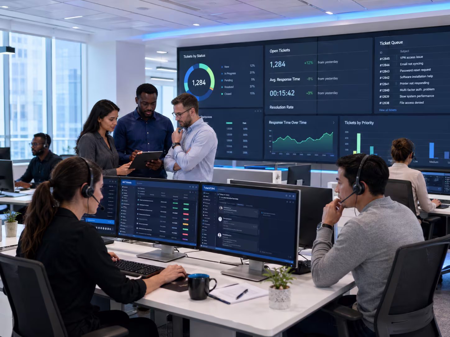 Diverse IT team collaborating on futuristic helpdesk