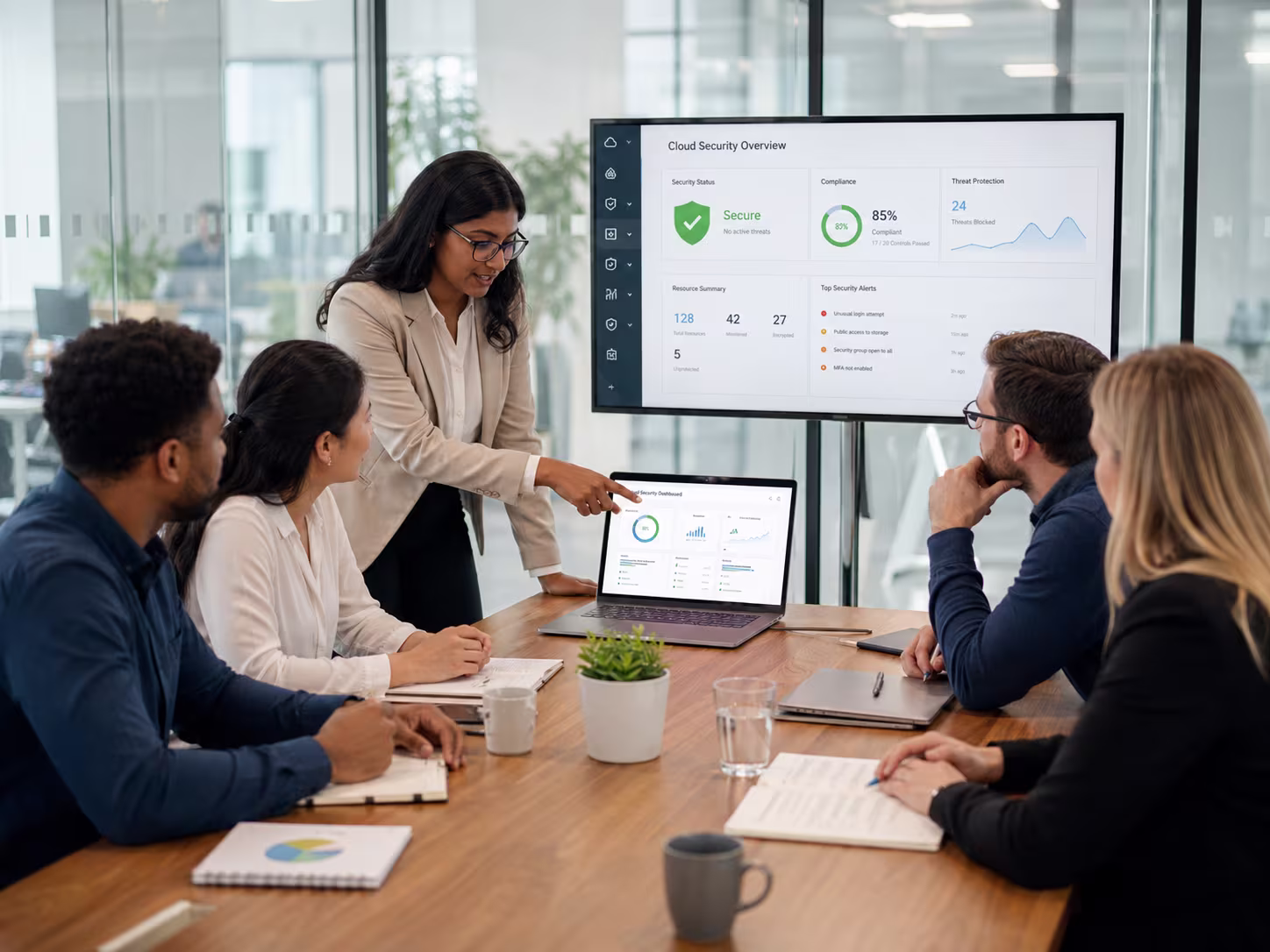 Diverse team discussing managed cloud security services