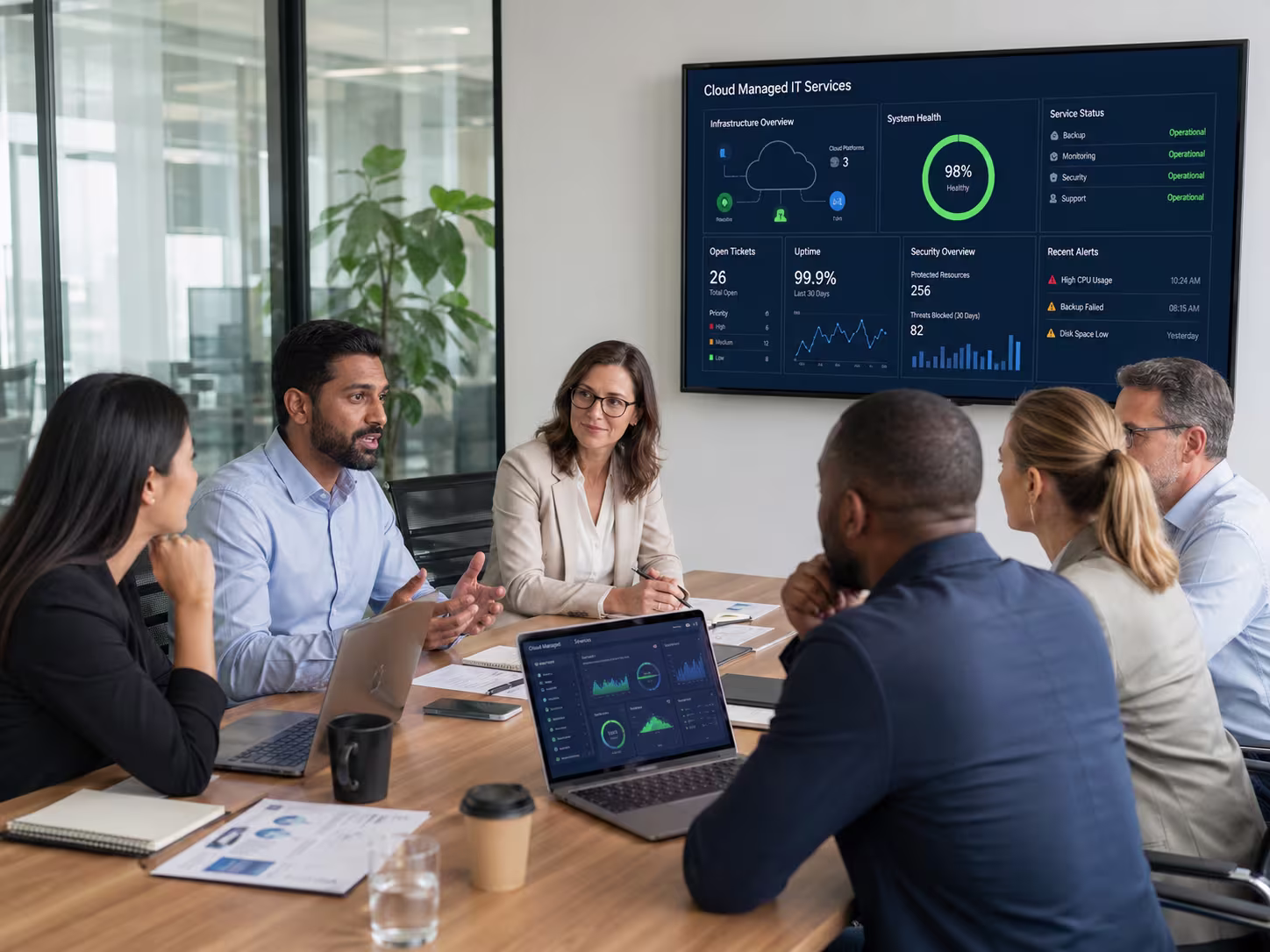 Diverse team discussing cloud managed IT services